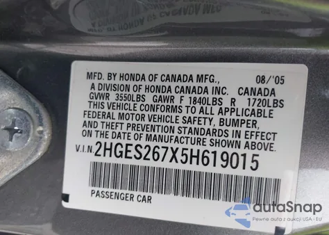 2005 Honda Civic Ex z USA, uszkodzony, nr VIN 2HGES267X5H619015